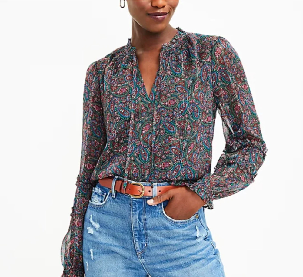 LOFT Womens Multicolor Paisley Shimmer Vine Ruffled Tie Neck Blouse Size S NWT
